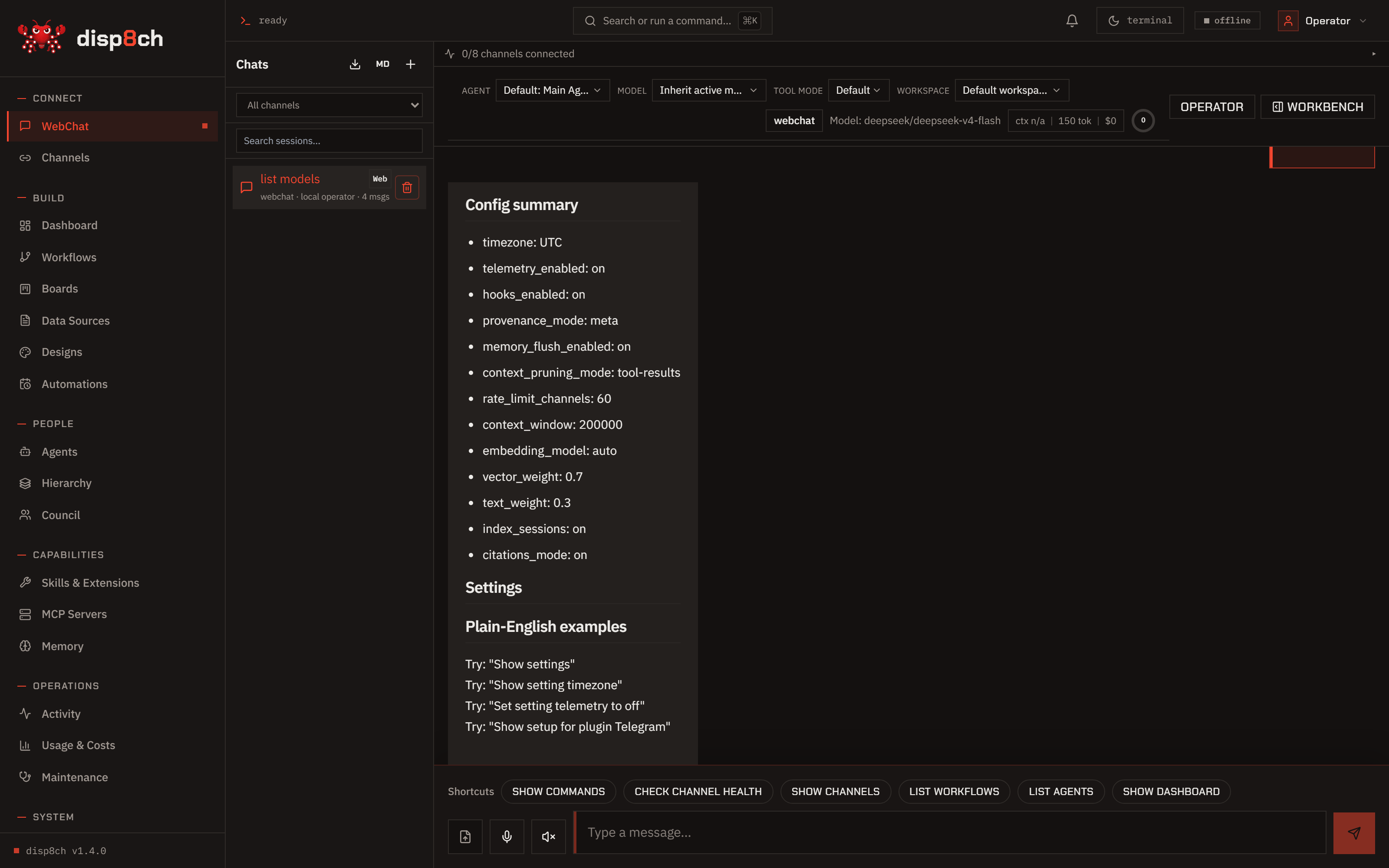 Disp8ch WebChat showing an assistant conversation with app actions and workspace context