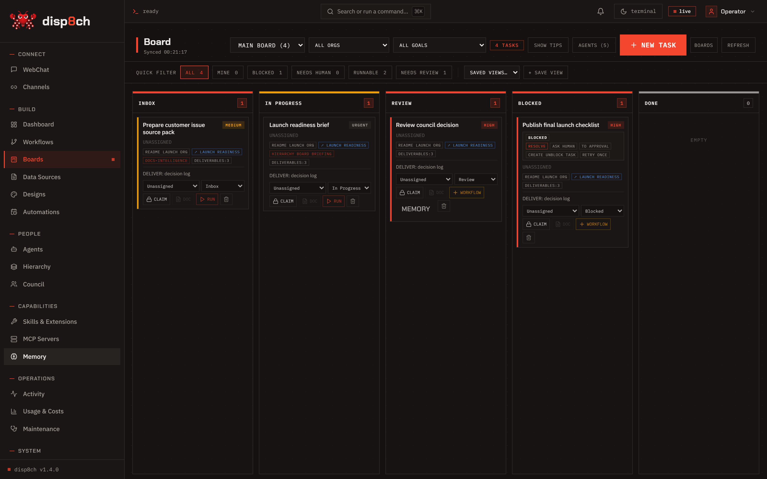 Disp8ch Boards showing tasks, status lanes, and agent work items