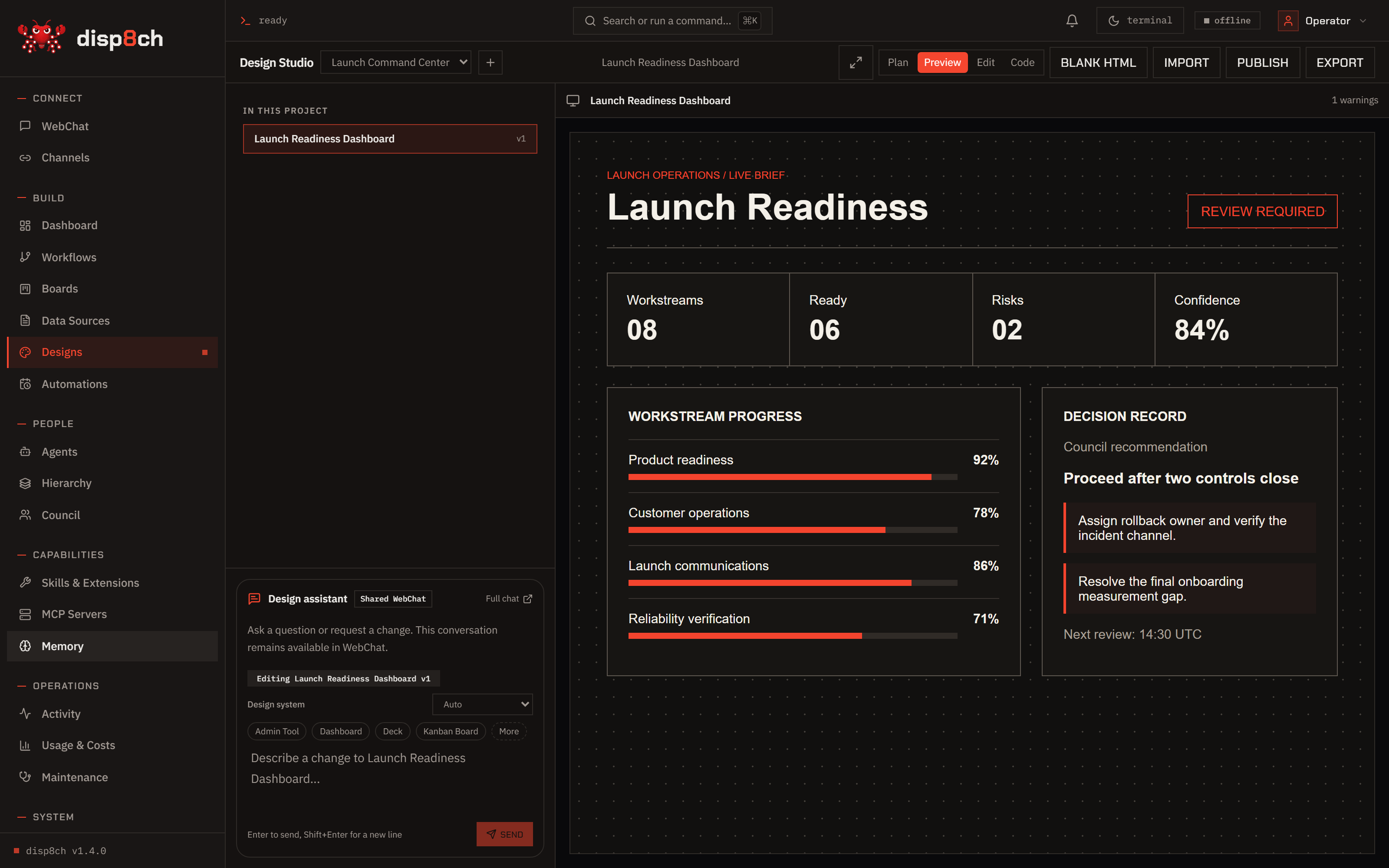 Disp8ch Design Studio canvas with a generated interface artifact and editing controls
