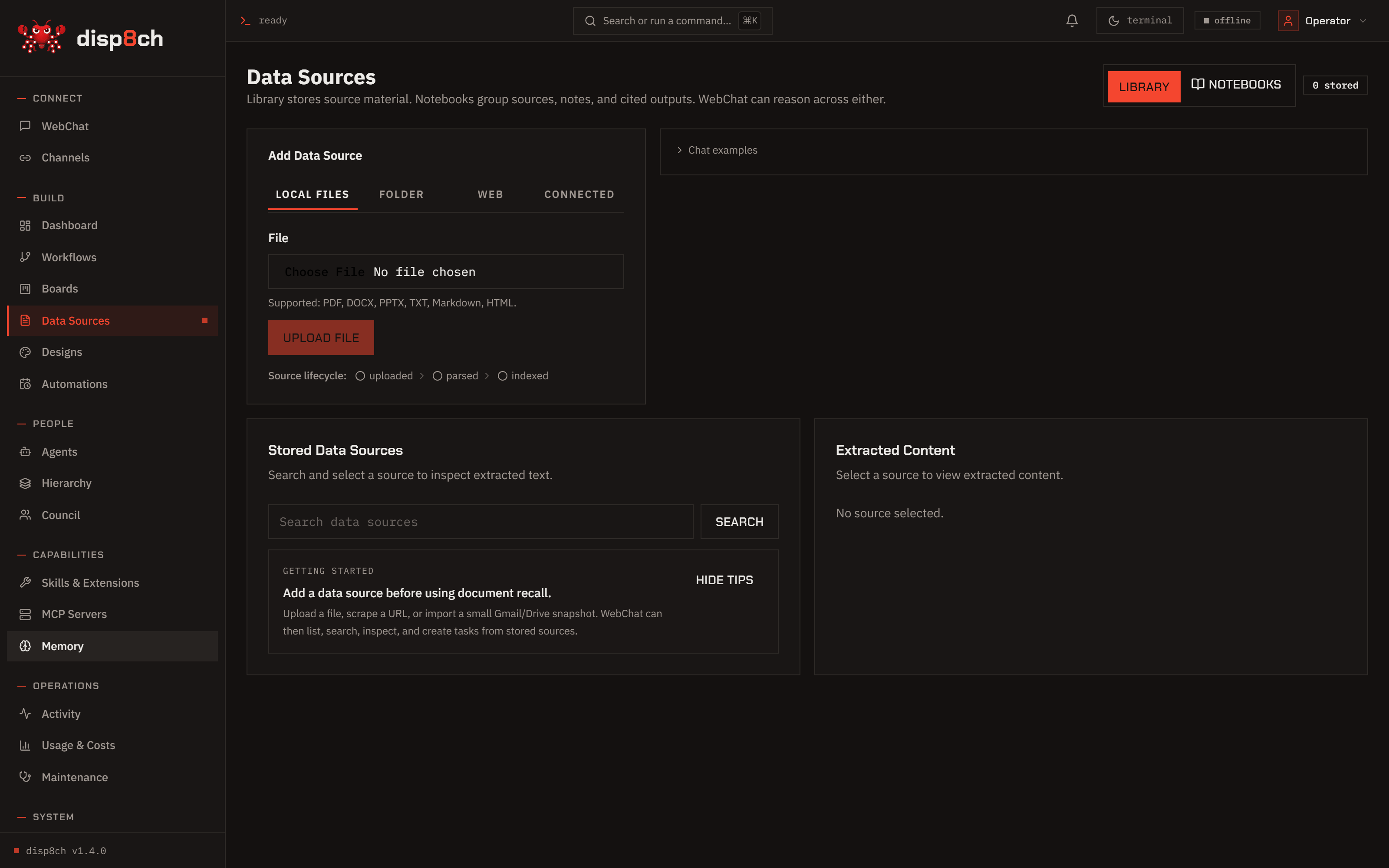 Disp8ch Data Sources library with uploaded sources and notebook actions