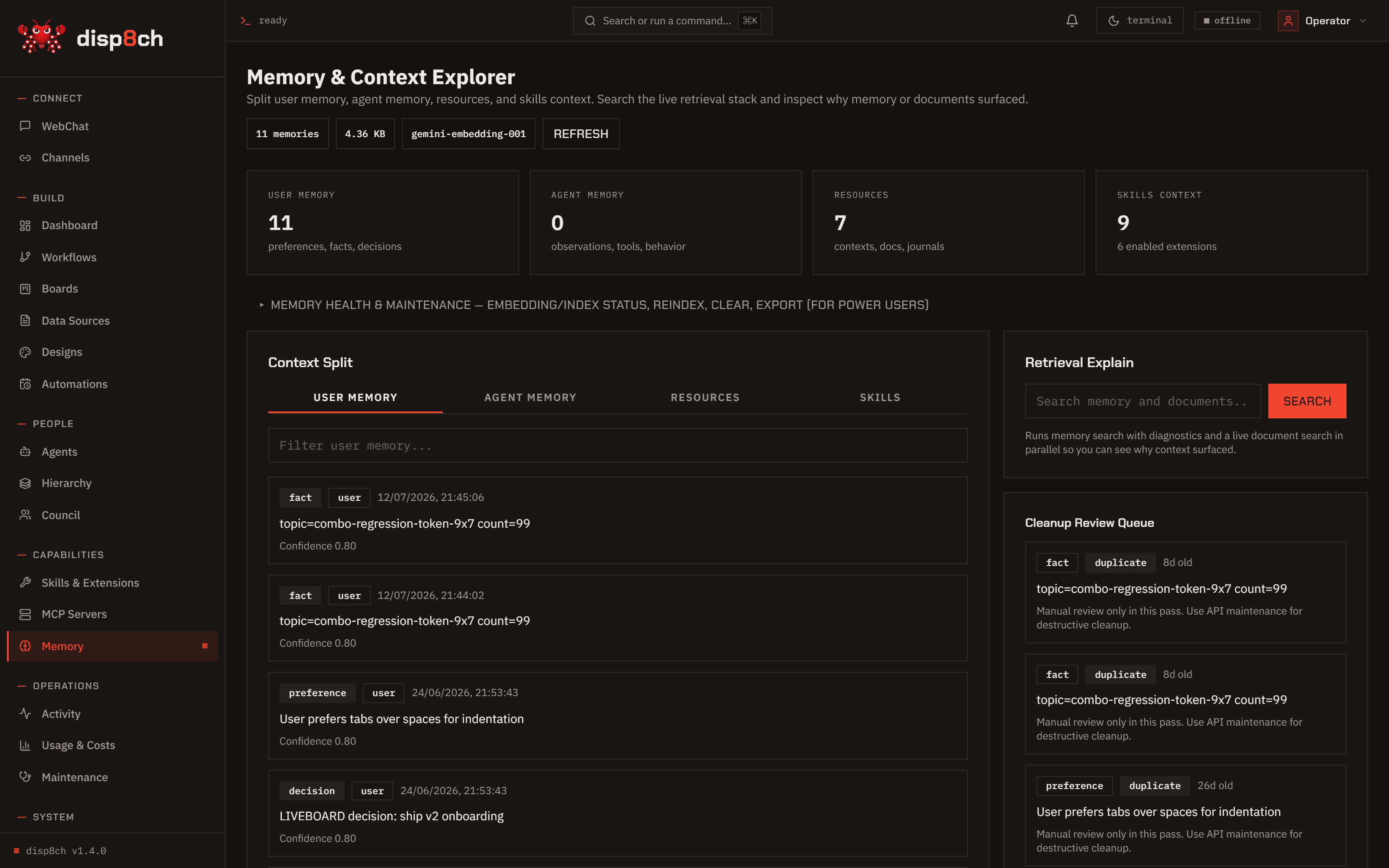 Disp8ch Memory screen showing stored context, candidates, and review controls