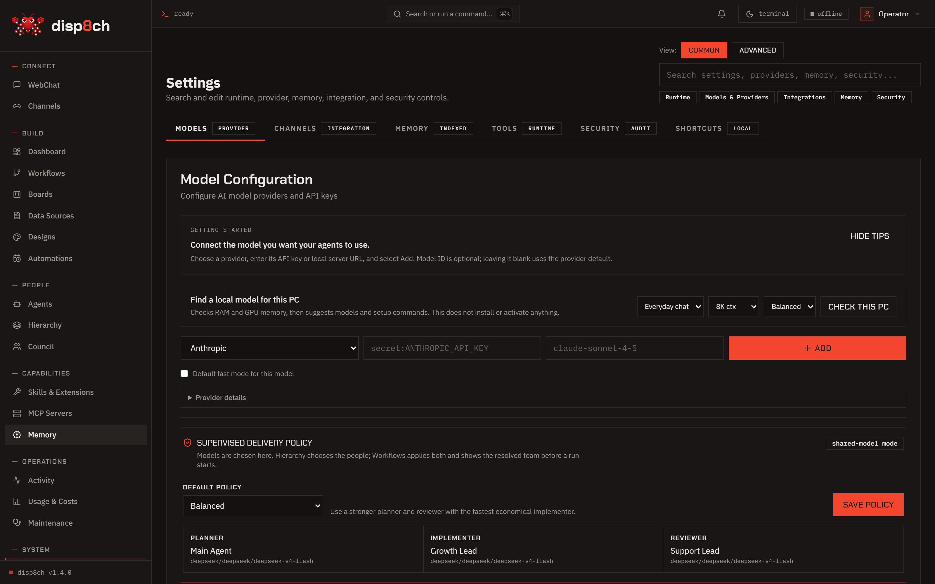 Disp8ch local model setup with hardware-aware recommendations