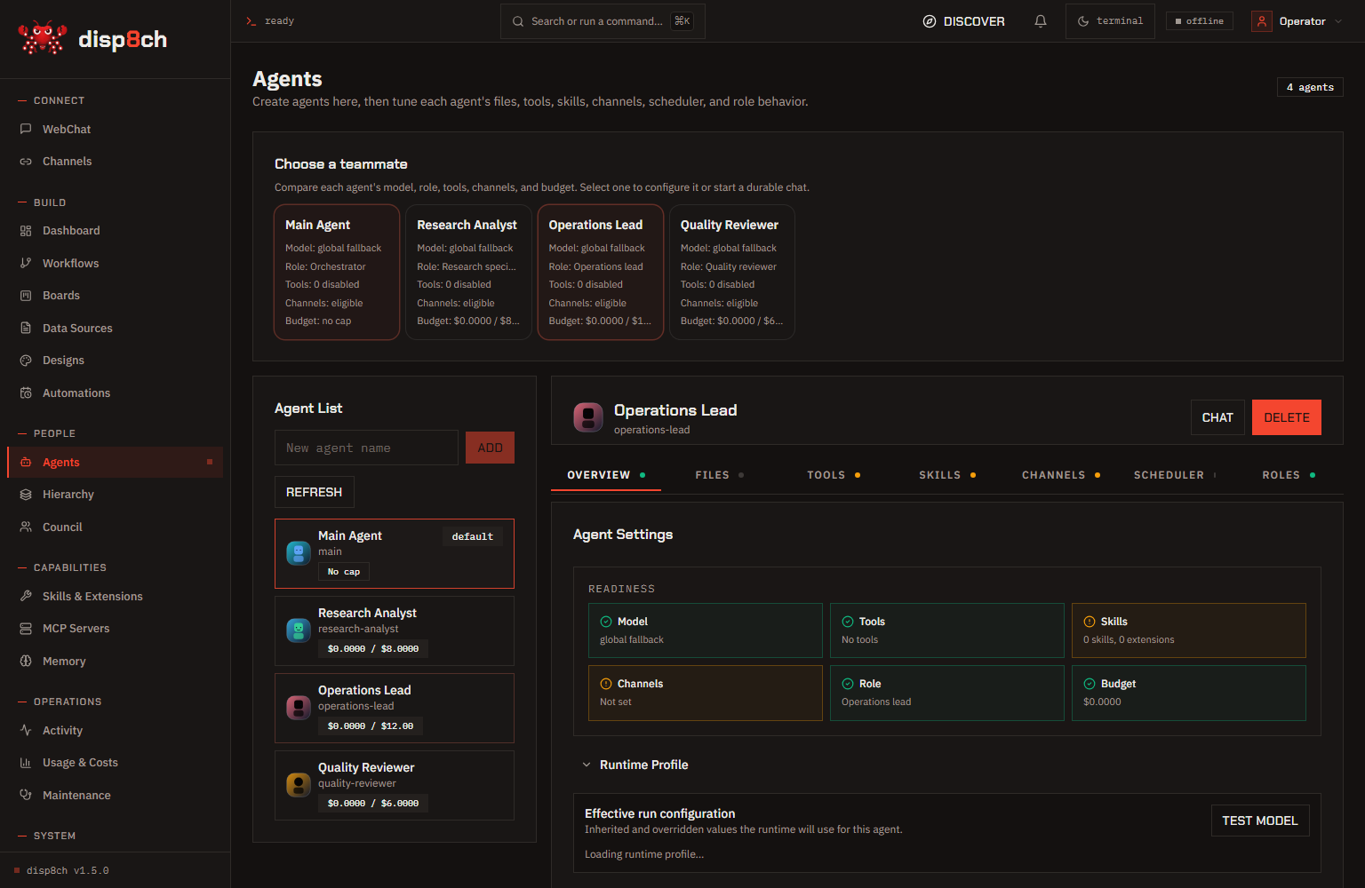 Disp8ch teammate mode showing configured agents pinned above durable WebChat conversations