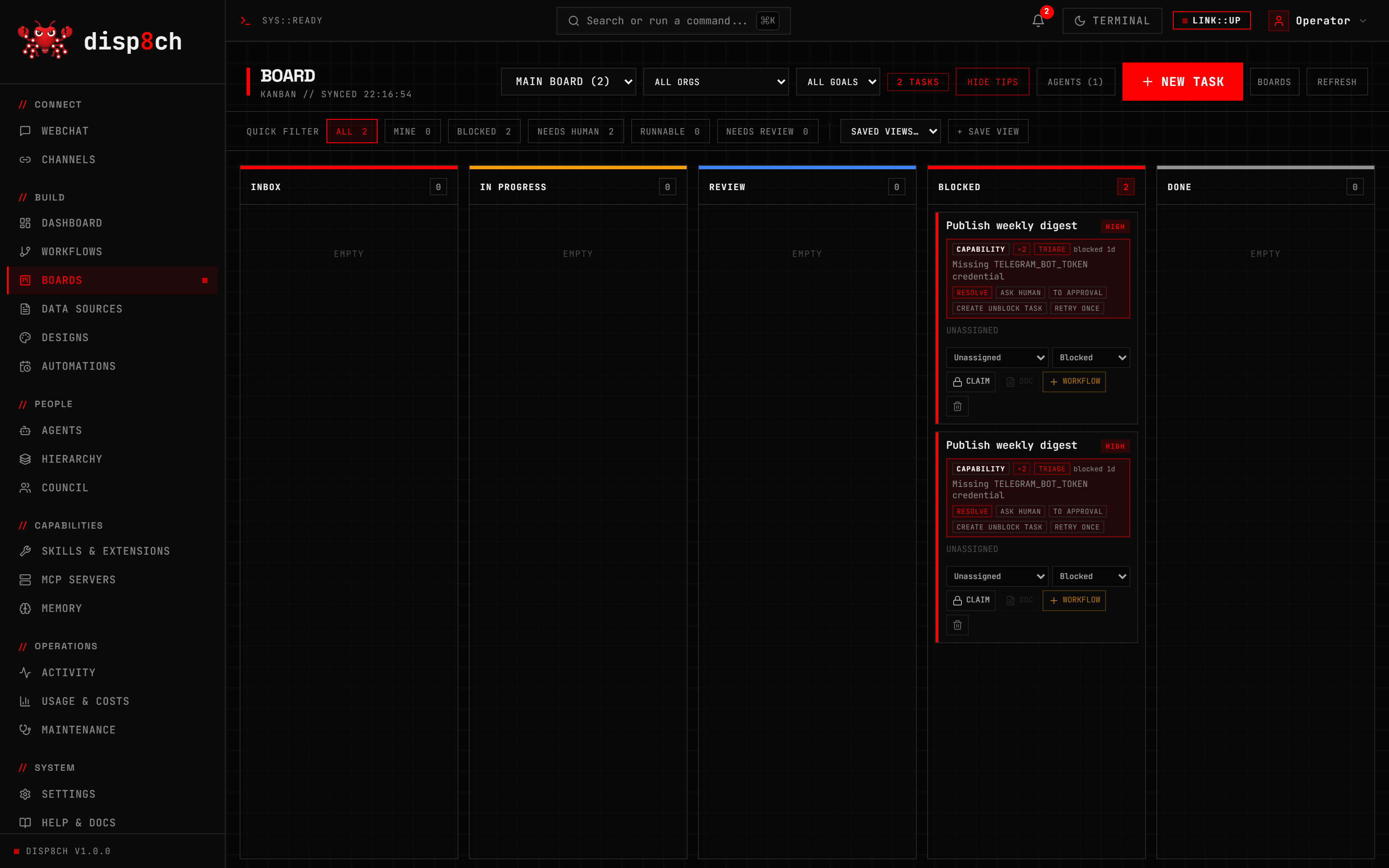 Disp8ch Boards showing tasks, status lanes, and agent work items