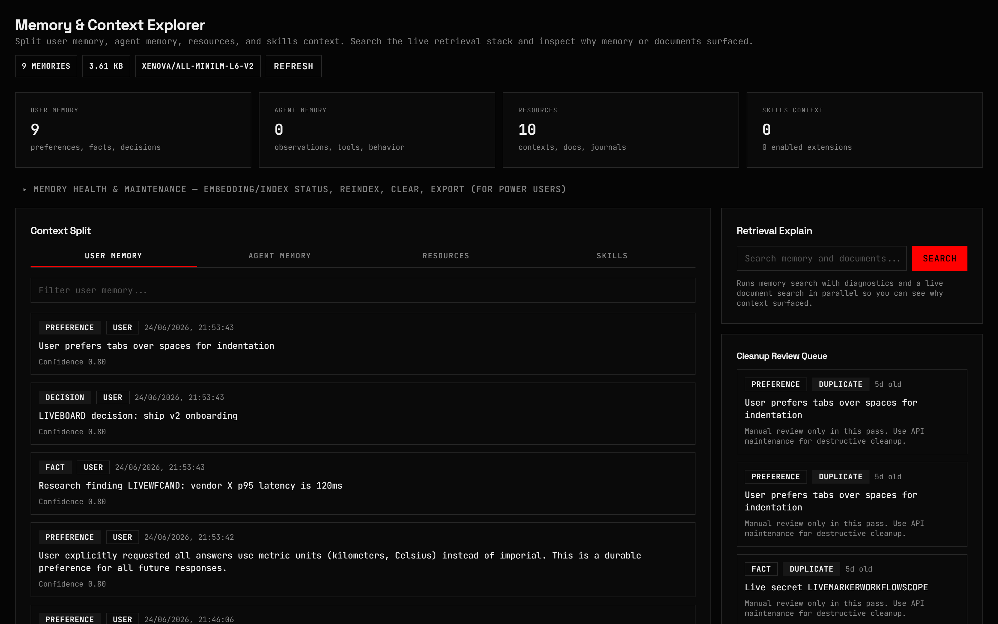 Disp8ch Memory screen showing stored context, candidates, and review controls