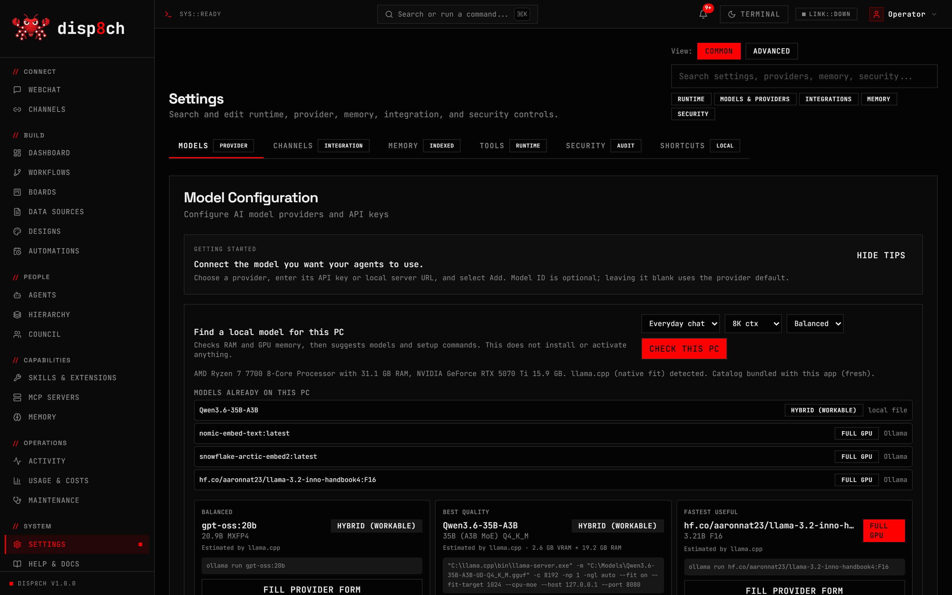 Disp8ch local model setup with hardware-aware recommendations